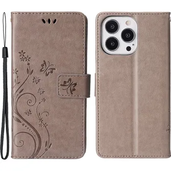 Pouzdro na mobilní telefon Flowers knížkové pouzdro na iPhone 15 Pro - šedé