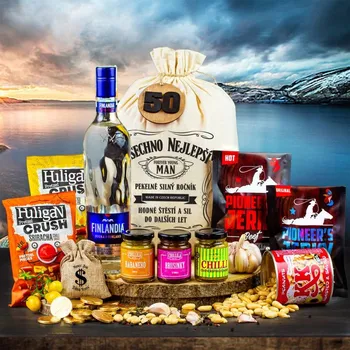Dárkový potravinový koš Dárkový koš v pytli pro muže, chlapa Finlandia originální dárek pro muže k narozeninám, vánocům, valentýnu Všechno nejlepší