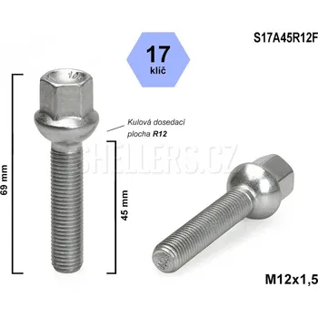 Šroubek na kolo Kolový šroub M12x1,5x45 kulový R12, klíč 17, S17A45R12F, výška 69 mm