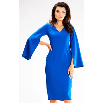 Dámské šaty Midi šaty s výstřihem do V a rozparky na rukávech A596 Barva: Modrá, Velikost: L