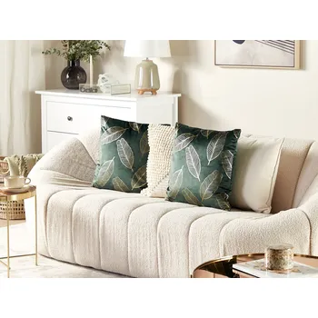 Polštář Sada 2 dekorativních polštářů, tmavě zelené sametové , se zlatým potiskem, listy 45 x 45 cm, s dekorativní výplní Beliani