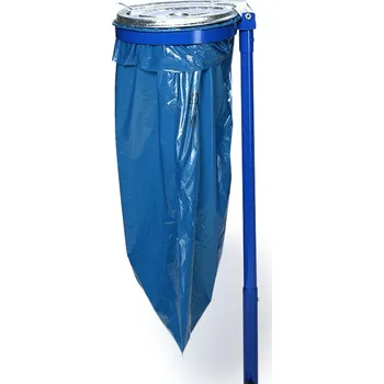 Odpadkový koš Držák na odpadkové pytle, z oceli, k montáži na podlahu, s ocelovým víkem, modrý