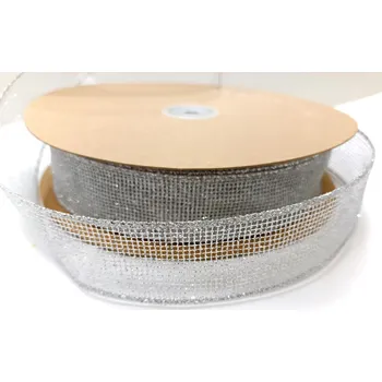 Stuha Stuha síťovaná třpytivá s drátem - stříbrná - 40 mm/1 m