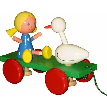 Dřevěná hračka Dřevěná tahací husopaska (Holka s husou na kolečkách)