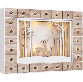 Vánoční dekorace Dřevěný adventní kalendář zimní les 27 x 6 x 35 cm