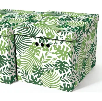 Úložný box Dekorativní kartonová krabička TROPICKÉ LISTY XL, úložný box s víkem 42x32x32cm (Dekorativní krabice. Box je vyroben z pevné lepenky a hodí se ideálně k přechovávání různých předmětů jako je oblečení, hračky, knihy a jiné drobnosti. Díky dekorativnímu pot
