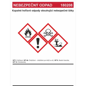 Značení Nebezpečný odpad 180208 - Kapalné hořlavé odpady..... samolepící vinylová fólie A7 (105 x 74 mm)