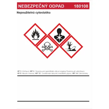 Značení Nebezpečný odpad 180108 - Nepoužitelná cytostatika samolepící vinylová fólie A7 (105 x 74 mm)
