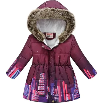 Dívčí bunda Dívčí zimní bunda s kožíškem a moderním potiskem Barva: fialová geometrie, Velikost: 110 (3-4 roky)
