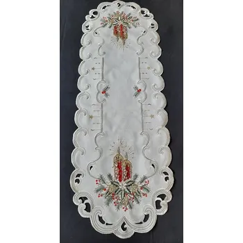 Vánoce UBRUS vyšívaný 110 x 45 vánoční šampáňo + červená svíčka