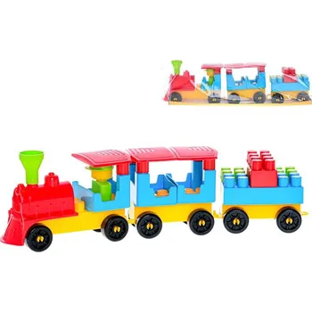 Hračka pro nejmenší Stavebnice vláček se dvěma vagóny a nálepkami