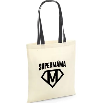Bavlněná taška SUPER MÁMA Barva tašky: Přírodní + Černá rukojeť