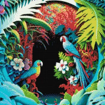 Diamantové malování Diamantové malování - Papoušci v ráji Velikost: 50x50cm, Rámování: Pouze srolované plátno, Diamanty: Kulaté