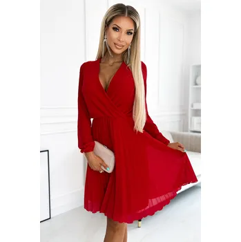 Dámské šaty Plisované šaty s výstřihem a dlouhými rukávy 313-1 ISABELLE Barva: Červená, Velikost: XS
