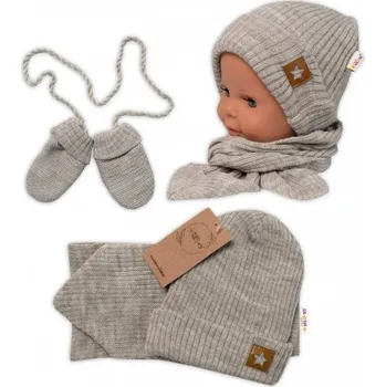 Módní doplněk Baby Nellys Pletená čepice s šálou a rukavičky 3v1, STAR - béžová, vel. 56/62, Velikost koj. oblečení 56-62 (0-3m)
