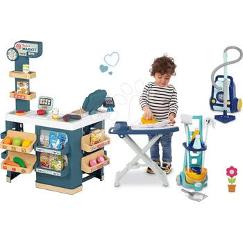 Hra na obchod Set obchod elektronický s váhou a skenerem Super Market a úklidový vozík s vysavačem Smoby a žehlicí prkno se žehličkou