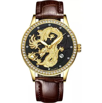 Hodinky Luxusní pánské hodinky s čínským drakem - Kůže zlato černá