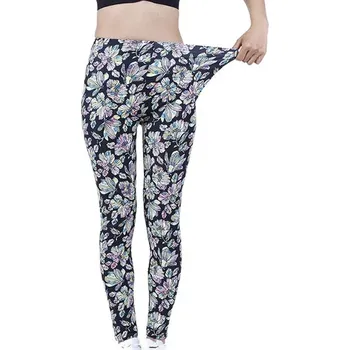 Dámské kalhoty Dámské elastické legíny s potiskem jiné vzory (1-15) Barva: Yellow Pink Flower, Velikost: XL