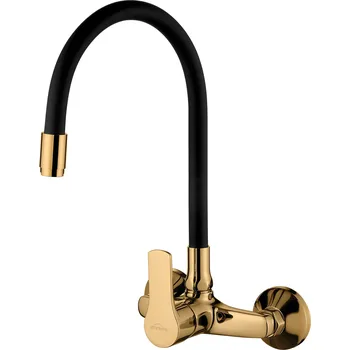 Vodovodní baterie Invena Verso, nástěnná kuchyňská baterie 150mm s elastickým ramenem, černá matná-zlatá lesklá, INV-BC-82-E49-L