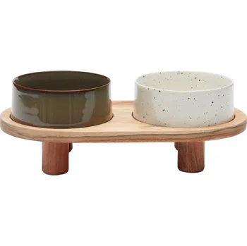 Miska pro psa Kave Home Bílo hnědý set dvou keramických misek pro psy Dumbi se stojanem