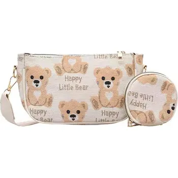 Kabelka Stylový plátěný set | Kabelka s peněženkou - Medvěd bílý