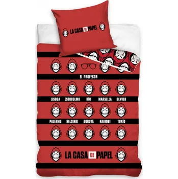 Povlečení Carobotex Bavlněné povlečení Papírový dům Ciudades červené 160 x 200, 70 x 80 cm zipový uzávěr