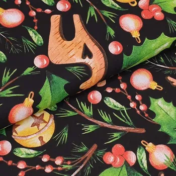 Plátno P0889 černé, sobi, rolničky, cesmína, š.160