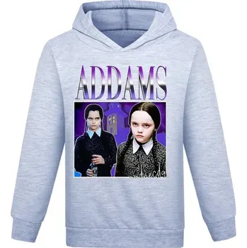 Chlapecký svetr Dívčí mikina střihu "hoodie" s potiskem filmové Wednesday Addams Barva: Šedá (ivory), Velikost: 150 (11-12 let)