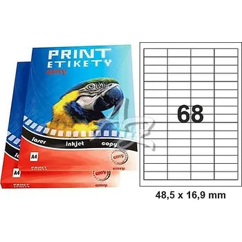 Papír samolepicí etikety 48,5x16,9mm/100achů, Bílé, 68etiket/arch, Emy