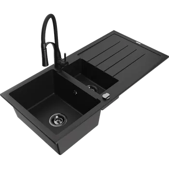 Granitový dřez Mexen Andres žulový dřez 1,5-komorový s odkapávačem a kuchyňskou baterií Aster, černý - 6515-77-73450-70-B Granitové dřezy s baterií