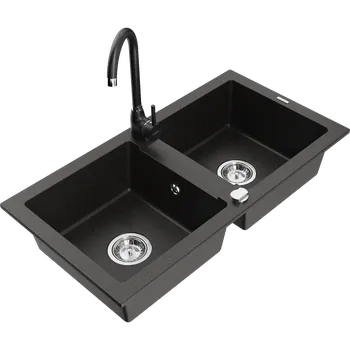 Granitový dřez Mexen Mario granitový dřez 2-komorový s kuchyňskou baterií Telma, černá/zlatá - 6504-75-670200-70 Granitové dřezy s baterií
