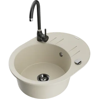 Granitový dřez Mexen Kevin granitový dřez jednokomorový s odkapávačem a kuchyňskou baterií Telma, béžový - 6517-69-670200-70 Granitové dřezy s baterií