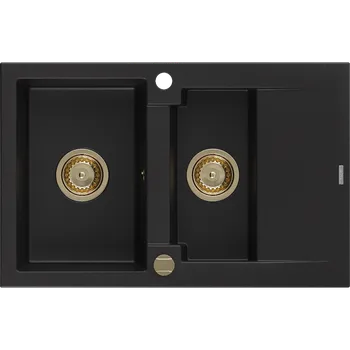 Granitový dřez Mexen Gaspar granitový dřez 1,5 komorový s odkapávačem 737 x 475 mm, černý, zlatý sifon - 6507731505-77-G Granitové dřezy