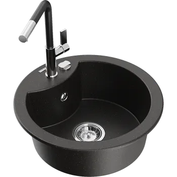 Granitový dřez Mexen Diego granitový dřez 1-komorový s kuchyňskou baterií Flora, černý/zlatý metalik - 6512-75-670401-07 Granitové dřezy s baterií