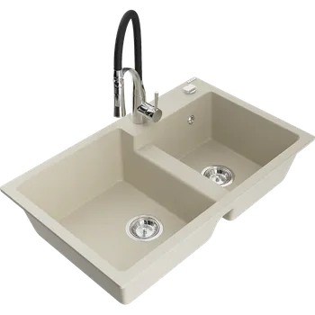 Granitový dřez Mexen Tomas dřez žulový 2-komorový s kuchyňskou baterií Aster, béžový - 6516-69-73450-07 Granitové dřezy s baterií