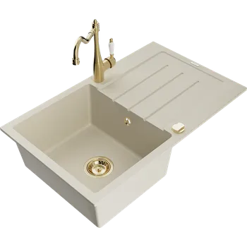 Mexen Bruno granitový dřez jednokomorový s odkapávačem a kuchyňskou baterií Carla, béžový - 6513-69-670700-50 Granitové dřezy s baterií