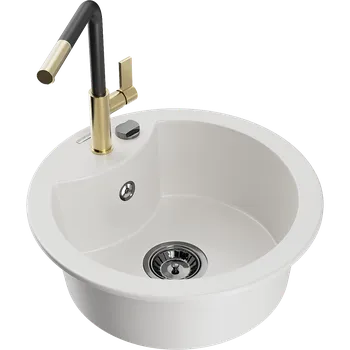 Granitový dřez Mexen Diego granitový dřez jednokomorový s kuchyňskou baterií Flora, bílý - 6512-20-670401-57-B Granitové dřezy s baterií