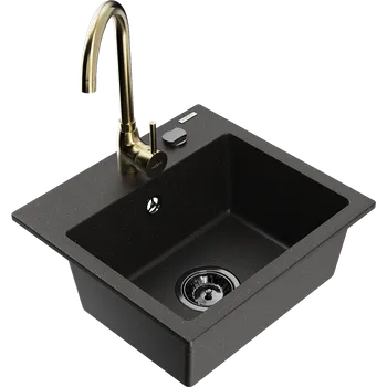 Granitový dřez Mexen Milo granitový dřez 1-komorový s kuchyňskou baterií Telma, černý/zlatý - 6505-75-670200-50-B Granitové dřezy s baterií