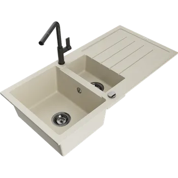 Granitový dřez Mexen Andres granitový dřez 1,5-komorový s odkapávačem a kuchyňskou baterií Flora, béžový - 6515-69-670401-70-B Granitové dřezy s baterií