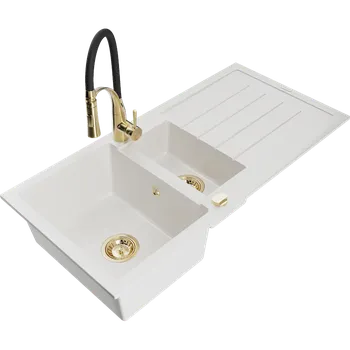 Granitový dřez Mexen Andres granitový dřez 1,5-komorový s odkapávačem a kuchyňskou baterií Aster, bílý - 6515-20-73450-57-G Granitové dřezy s baterií