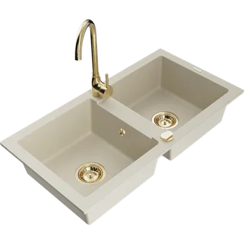 Granitový dřez Mexen Mario dvoukomorový žulový dřez s kuchyňskou baterií Telma, béžový - 6504-69-670200-50 Granitové dřezy s baterií