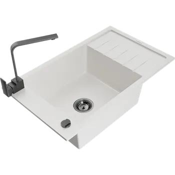 Granitový dřez Mexen Elias granitový dřez 1-komorový s odkapávačem a kuchyňskou baterií Rita, bílý - 6511-20-670300-70 Granitové dřezy s baterií