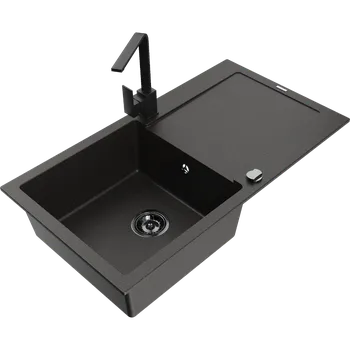 Granitový dřez Mexen Leo granitový dřez 1-komorový s odkapávačem a kuchyňskou baterií Rita, černý/zlatý metalický - 6501-75-670300-70-B Granitové dřezy s baterií