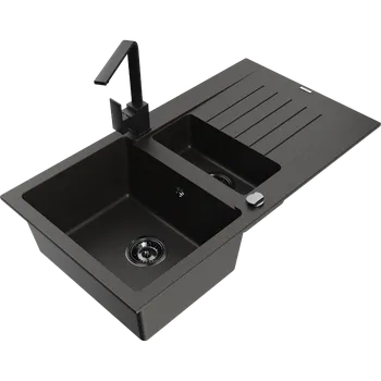 Granitový dřez Mexen Matias granitový dřez 1,5-komorový s odkapávačem a kuchyňskou baterií Rita, černý/zlatý - 6502-75-670300-70-B Granitové dřezy s baterií