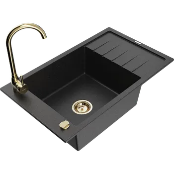 Granitový dřez Mexen Elias granitový dřez s 1 komorou a odkapávačem a kuchyňskou baterií Telma, černý/stříbrný - 6511-73-670200-50 Granitové dřezy s baterií