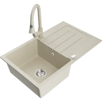 Granitový dřez Mexen Bruno granitový dřez 1-komorový s odkapávačem a kuchyňskou baterií Elia, béžový - 6513-69-670101-69 Granitové dřezy s baterií