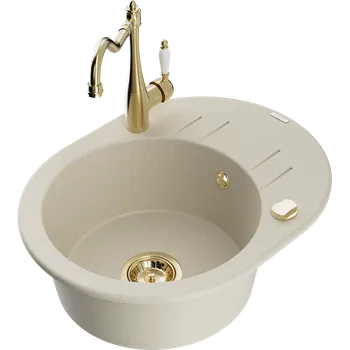 Granitový dřez Mexen Kevin granitový dřez 1-komorový s odkapávačem a kuchyňskou baterií Carla, béžový - 6517-69-670700-50 Granitové dřezy s baterií