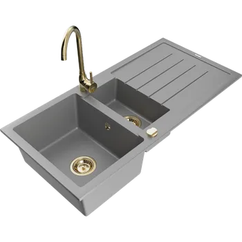 Granitový dřez Mexen Andres žulový dřez 1,5-komorový s odkapávačem a kuchyňskou baterií Telma, šedá - 6515-71-670200-50 Granitové dřezy s baterií