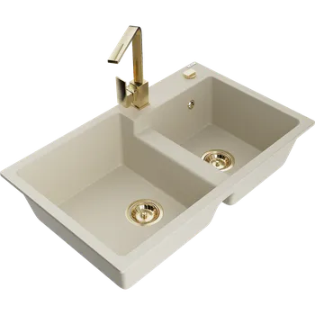 Granitový dřez Mexen Tomas, dvoukomorový granitový dřez s kuchyňskou baterií Rita, béžový - 6516-69-670300-50 Granitové dřezy s baterií