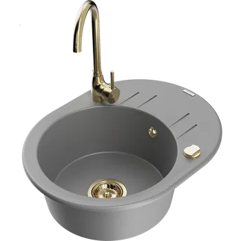 Granitový dřez Mexen Kevin granitový dřez 1-komorový s odkapávačem a kuchyňskou baterií Telma, šedý - 6517-71-670200-50 Granitové dřezy s baterií